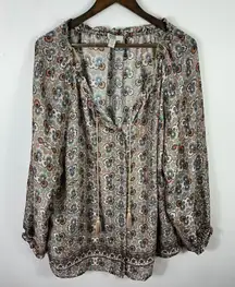 Vintage America Peasant Top 2X Floral Boho Tassel Blouse Boho Hippie Sheer Flowy
