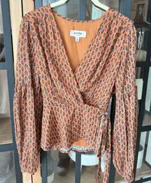Porridge Block print blouse top wrap side tie long sleeve rust floral babydoll