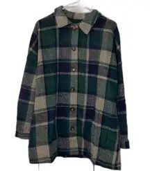 None Plaid Button Up Flannel Jacket Green Women Size Medium NWOT