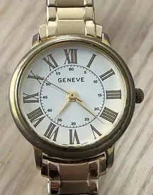 Geneve Rare Vintage Ladies Watch Round White Dial Gold-Tone Stretch Bracelet