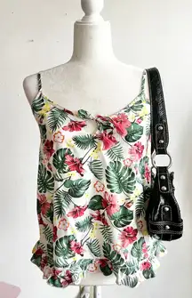 White Tropical Print Tank Top, Coconut Girl Y2K Boho Resortwear‎ Small