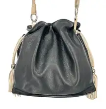 Brighton Bucket Slouch Bag Leather Black White Tassels Silver Charms