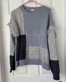 Blue & Grey Colorblock Patchwork Fringe Knit Crewneck Sweater