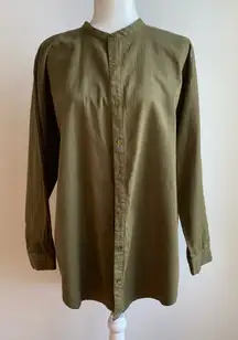 Eileen Fisher 100% Organic Cotton Tunic Length Button Down Olive Green Shirt