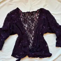 Beautiful purple plum silver sequin floral lace wrap top / cardigan