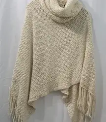 Steve Madden Ivory Knit Cowl Neck Poncho with Fringe