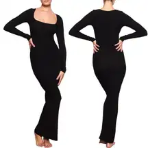 Skims Soft Lounge Bodycon Rib Long Sleeve Maxi Dress Black Women's Size Small