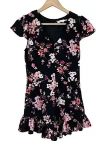 Blu Pepper Blue Pepper Romper Women Small Short Sleeve V-Neck Black Floral Zip Back