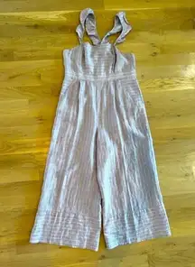 Anthropologie Elevenses Nantucket Ruffled Striped 100% Linen Jumpsuit Size 14