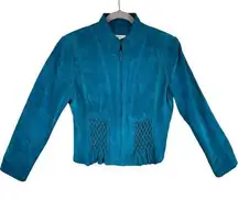 Yvonne Marie Vintage Turquoise Teal 100% Suede Leather Full Zip Jacket Size 8