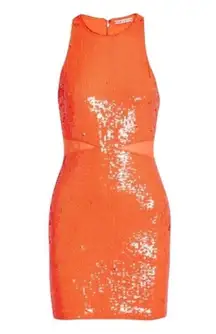 Alice + Olivia  CARA BRIGHT CORAL ORANGE SEQUIN MESH DRESS 12