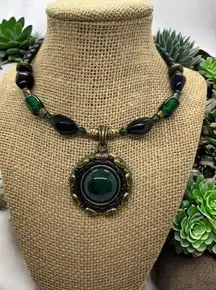 Chico's Chicos Collar Choker Necklace Black Leather Braid Green Black Glass Bead