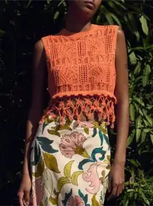 Zara Orange Crochet Fringe Crop Top With Beaded Detail Size Small