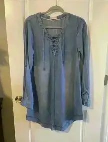 ALTAR’D STATE Women Blue Denim Long Sleeve Dress Size Large vneck lace up detail