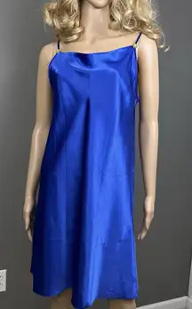 Vintage Intimate Style Blue Satin Chemise Full Slip Dress Gold Rhinestone Medium