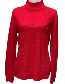 Basic Editions‎ Women's Red Studded Turtleneck Long Sleeve Sweater Size M