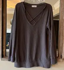 B Original Roomie Oversized Waffle Shirt Brown Comfy Plunge Neck Womens Large