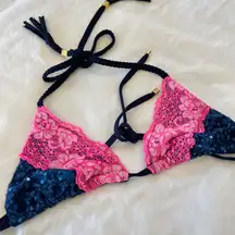 Swimwear Blue Sequins Pin Lace Bikini Top