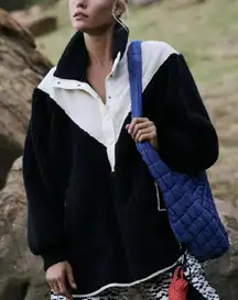 FREE PEOPLE Fall To Rise Fleece Quarter Snap in Black Combo Size Medium NWT