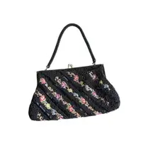 Vintage Beaded Handbag Black Beads Over Tapestry Kiss‎ Lock Clasp Single Handle