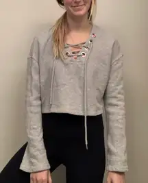 Gray Lace Up Cropped Sweater