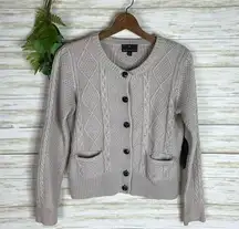 Fenn Wright Manson Oatmeal Neutral Tan Cable Knit Wool Blend Button Cardigan