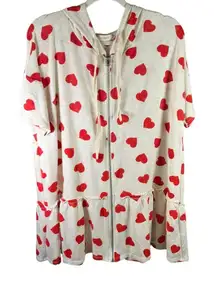 Hopely‎ Women's Large Short Sleeve Zip Up Hoodie Cream Red Hearts Ruffle Hem