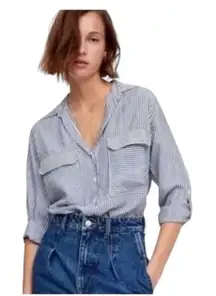 Zara Woman Blue White Stripe Button-Down Blouse XS Hi-Low Roll-Up Sleeves