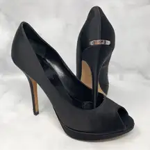 Christian Dior Miss Dior Silk Satin Leather Open Peep Toe Pumps Black Italy 38.5