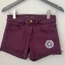 American Eagle Maroon Shorts High Rise Stretchy Size 4 Patch details, Raw Hem
