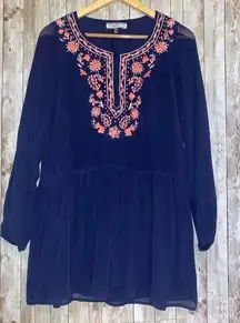 Poema Anthropologie Boho Sheer Sleeve Blue Embroidered Top Tunic Shirt Small