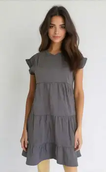 Time and true women’s short sleeve plain ruffle tunic midi gray  flows size XS