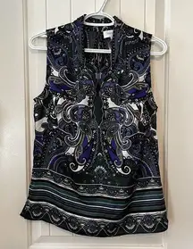 Medium 8 Blue Black Paisley Sleeveless V-neck Blouse