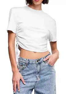 Lioness Drawstring Crop Top Size Small Light Gray Crewneck Short Sleeve Tee NEW