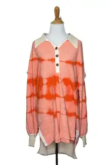 Free People Pullover Sweater Orange Tie Dye Henley Sunrise Polo Rib Collar M