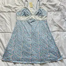 NWT Ekouaer Sleep Dress Chemise Slip Womens Nightgown V Neck Stretch Blue Roses