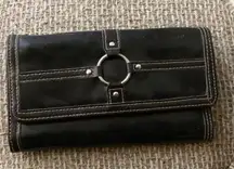 90s Black grunge goth leather purse wallet cardholder with silver circle ring hardware 