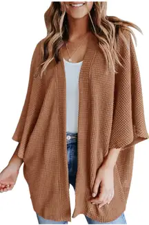 Lightweight Kimono Cardigan Loose Waffle Knit 3/4 Batwing Sleeve
