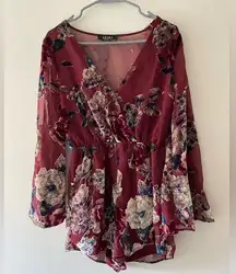Akira Maroon Floral Long Flare Sleeve Romper