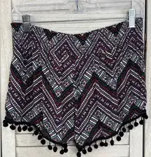 ME TO WE Pull On Shorts Boho w Pom Pom Trim Black/Multi Pattern-Medium