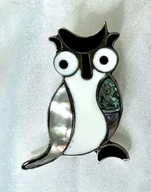 Alpaca Mexico Silver Inlay Mother of‎ Pearl Owl Brooch Pin Vintage