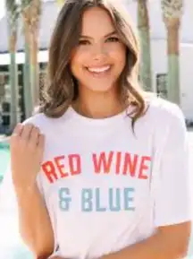 Francesca’s playful patriotic American red, wine blue Fourth of July theme top S