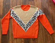 SheIn Girls Leopard Pattern Colorblock Drop Shoulder orange Sweater