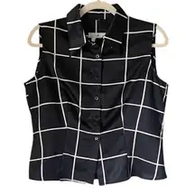 90s VTG Vertigo Paris Sleeveless Top Grid Pattern Button‎ Down Blouse Career S