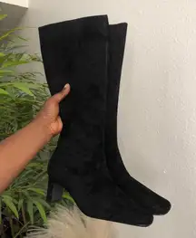 NIB 2000s Y2K Black 100% Genuine Leather Suede knee-high boots square pointed toe  2” kitten heels-8M  **New with Box**  Measurement in pics Gothic Grunge whimsygoth fairy boho gorp ore dark academia office siren core biker equestrian Cyber punk baddie trendy festival concert hippie indie