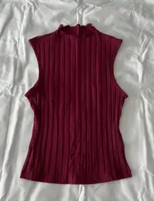 Maroon Lettuce Trim Rib-Knit Tank Top