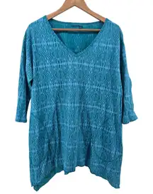 Fresh Produce Teal Blue Abstract Pattern V Neck 3/4 Sleeve Tunic Top Size Large