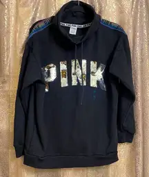 PINK Victoria’s Secret black cowl neck, rainbow stripe, sequin bling sweater, S