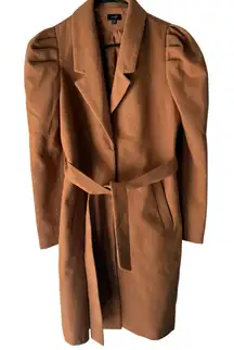 Ontwefth Tan Brown Belted Coat Womens Size S Puffy Sleeves Lined Long Preppy