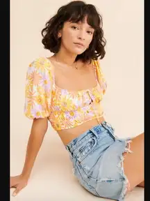 L Space Josie Floral Puff Sleeve Cut Out Crop Top S